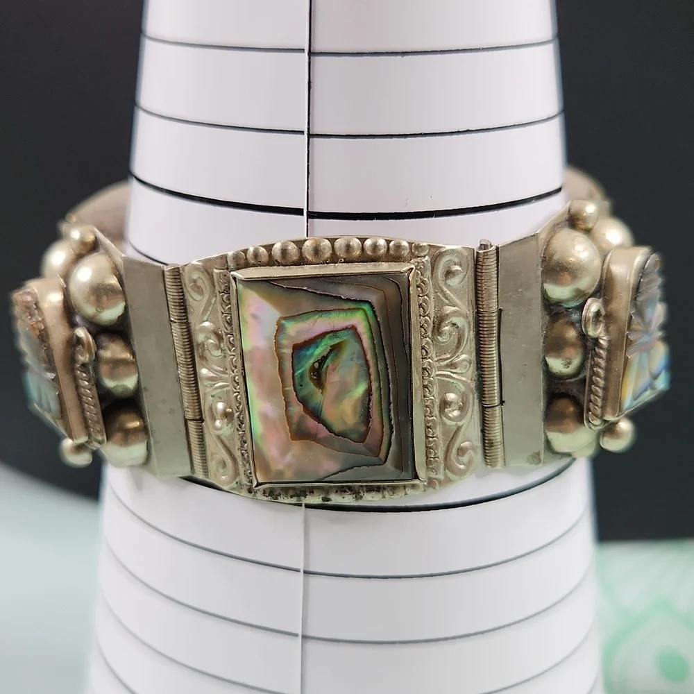 Vintage Taxco Mexico Sterling Panel Bracelet Abalone Mother of Pearl MOP - Picture 7 of 12